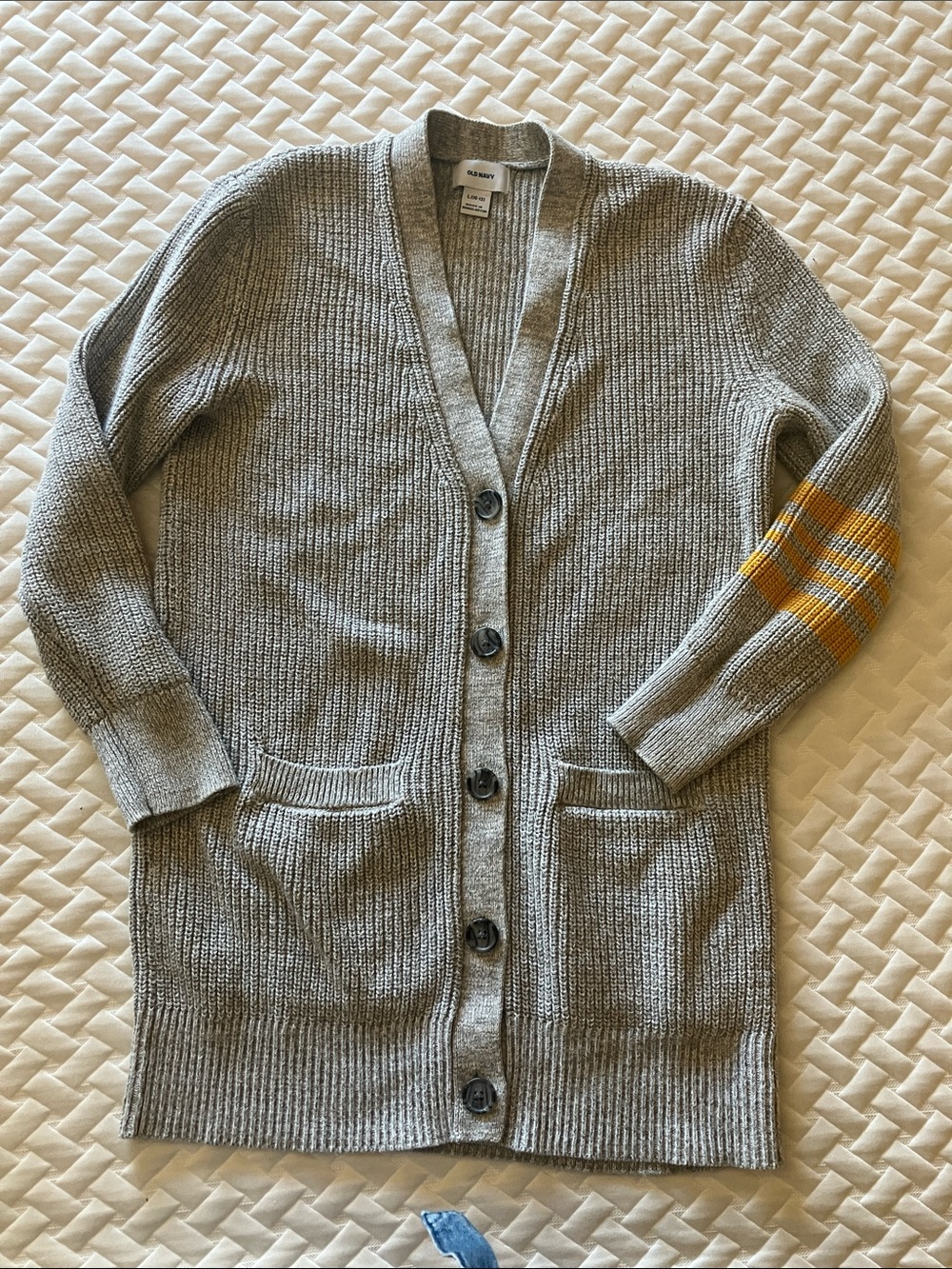 Old Navy Gray Knit Cardigan with Yellow Elbow Stripes